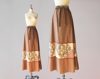 1970s Patchwork Maxi Skirt / Vintage 70s Gingham Floral Polka Dot Patchwork Floor Sweeping Maxi Skirt