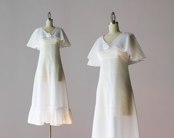 1970s Dress / 70s Sheer White Dotted Swiss 1930s Inspired Cotton Cape Collar Rosette Dress