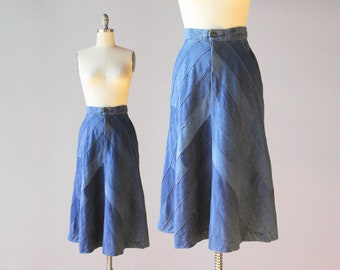 1970s Vintage Handmade Denim Patchwork Skirt / Truly One of a Kind 70s Patchwork A-Line Denim Skirt