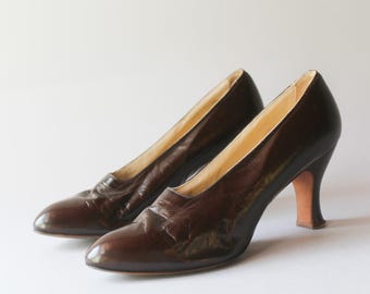 1920s Vintage Shoes / 20s Antique Glossy Brown Leather Heels