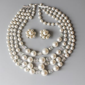 1950s Beaded Pearl Necklace & Earrings Set / 50s 60s Vintage Pearl Crystal Four Strand Necklace w/ Clipback Earrings