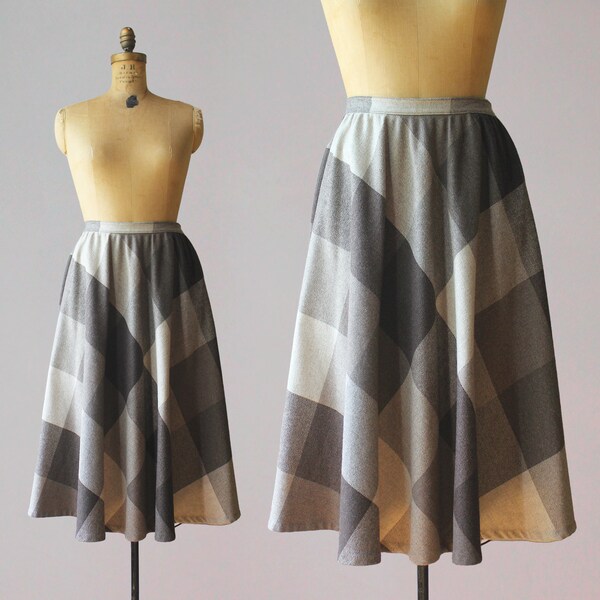 1970s Full Plaid Wool Skirt / Vintage 70s 80s Brown Wool Twill Skirt