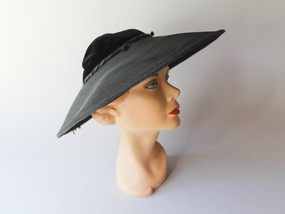 1950s Wide Brim Straw Hat / 50s Black Straw & Vel… - image 5