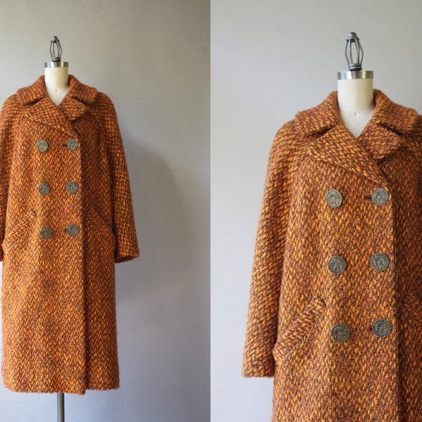 1950s Pumpkin Wool Coat / Vintage 50s 60s Double Breasted Coat / 50s Orange Wool Boucle Coat