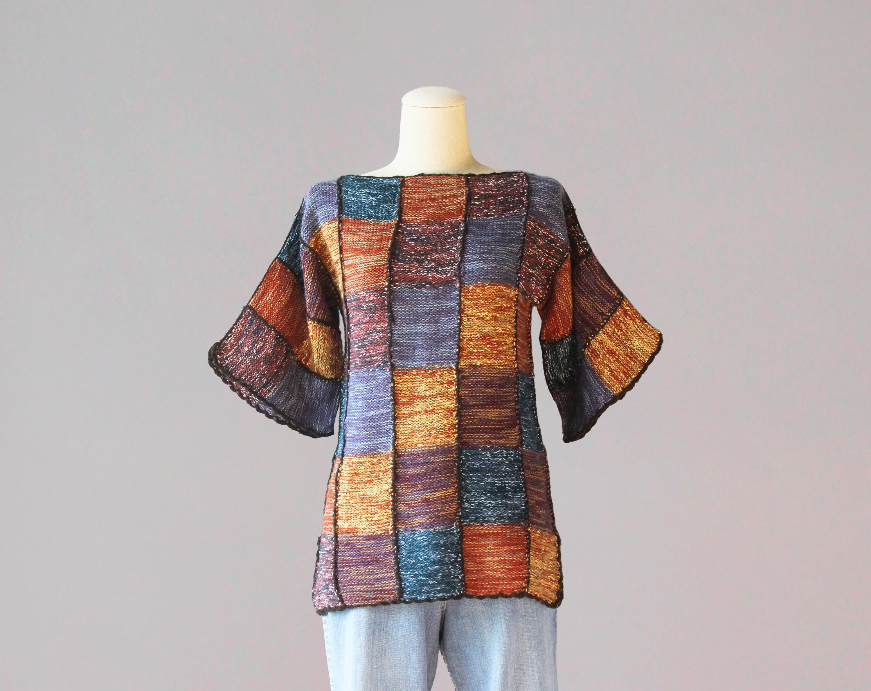 1970s Space Dyed Sweater / Vintage 70s Patchwork Style Space Dyed Hippie Tunic Sweater