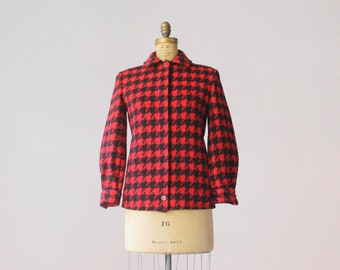 Vintage Pendleton Cherry Red Houndstooth Jacket / 1980s Pendleton Red & Black Wool Jacket