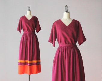 Early 1980s Burgundy Silk Dress Set Full Midi Skirt w/ Orange Colorblock & Slouchy V Neck Top by Carol Little for Saint-Tropez West