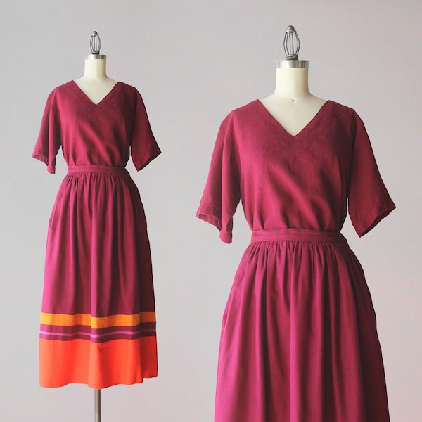 Early 1980s Burgundy Silk Dress Set Full Midi Skirt w/ Orange Colorblock & Slouchy V Neck Top by Carol Little for Saint-Tropez West