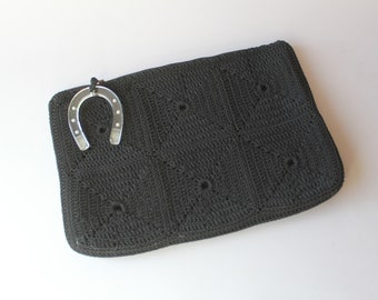 1940s Large Black Crochet Clutch Bag with Lucite Horseshoe Zipper Pull