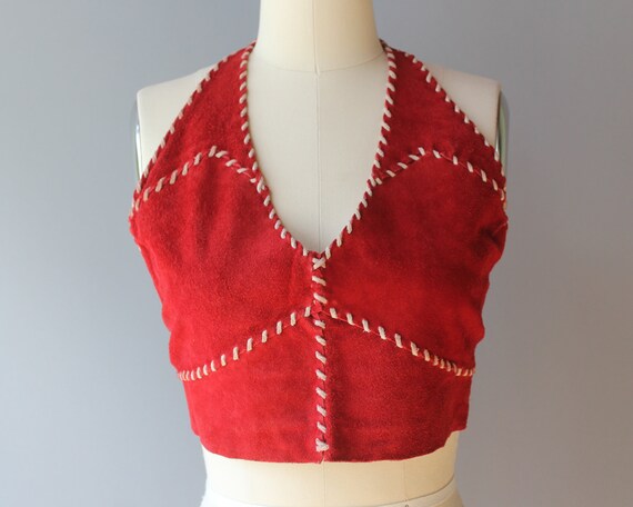 Vintage 1970s Dark Red Suede Leather Halter Top /… - image 2