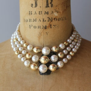 1960s Multi-Strand Necklace / Vintage 50s 60s Metallic Gold and Glass Pearl Classic Three Strand Beaded Necklace.