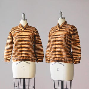 1960s Hand Knitted Sweater / Brown and Peach Striped Sixties Warm Wool Blend Hand Made Sweater