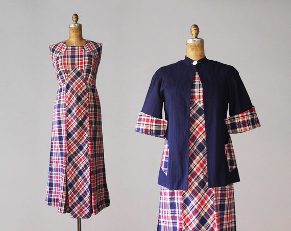 1930s Dress / 1930s Vintage Primary Plaid Cotton D