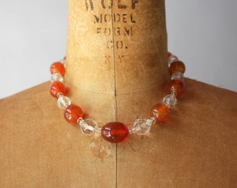 1920s Necklace / Vintage 1930s Beaded Art Deco Necklace with Carnelian and Crystal Glass Beads and Sterling Clasp in Choker Length