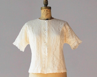 Vintage Lace Blouse / Early 60s Cream White Lace Nylon Blouse large