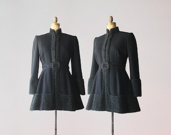 1940s Vintage Fitted Faux Astrakhan Trimmed Wool Crepe Hourglass Belted Coat