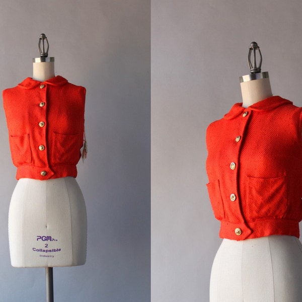 1960s Top / Vintage 60s Bold Orange Blouse / 60s Deadstock Lion Button Peter Pan Collar Top