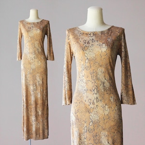 Vintage 1990s Silk Knit Josie Natori Neiman Marcus Snakeskin Snake Print Dress / 100% Silk Lightweight Slinky Reptile Print 90s Maxi Dress