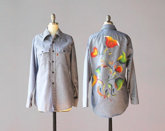 1970s Hand Painted Levi's Chambray Shirt / Vintage 70s Wing Collar Orange Tab Levi's Customized Hippie Shirt