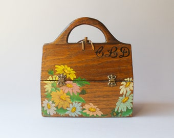 1960s Wooden Box Bag / Vintage 60s 70s Hand Painted Flowers and Thistle Handmade Wood Purse