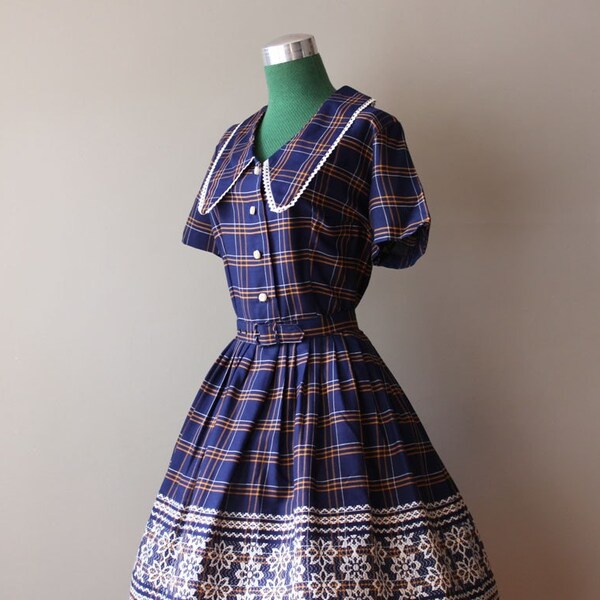 Early 60s Embroidered Plaid Full Skirt Dress