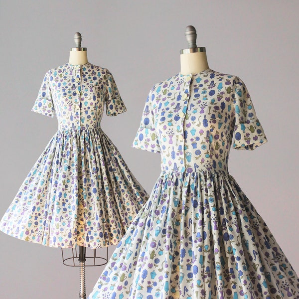 Vintage 1950s Cotton Shirtwaist Dress / 50s 60s Novelty Print Flowers Fruit Instruments Full Skirt Day Dress