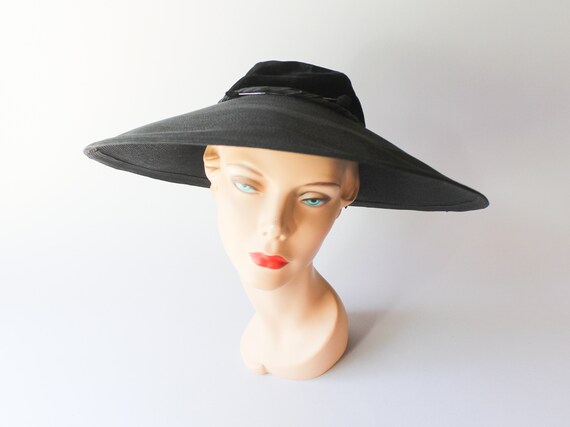 1950s Wide Brim Straw Hat / 50s Black Straw & Vel… - image 3