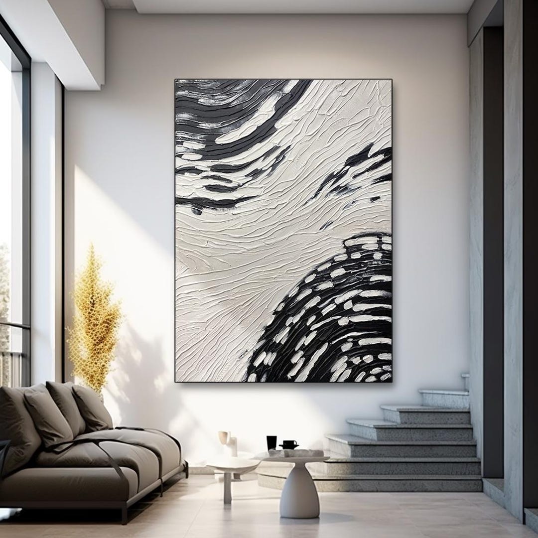 Large Vertical Black and White Abstract Canvas Wall Art Textured ...