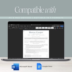 May include: A laptop screen showing a resume template with the name "Marcus Cooper." The image includes Microsoft Word and Google Docs icons, with the text "Compatible with PC & MAC DEVICES | EDITABLE IN 3 FORMATS."
