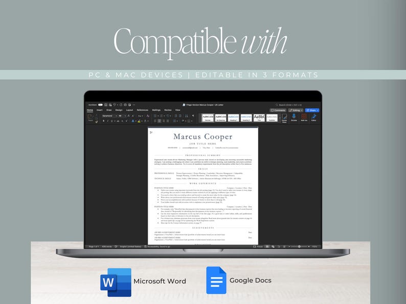 May include: A laptop screen showing a resume template with the name "Marcus Cooper." The image includes Microsoft Word and Google Docs icons, with the text "Compatible with PC & MAC DEVICES | EDITABLE IN 3 FORMATS."