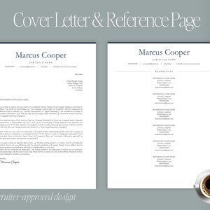 May include: A cover letter and reference page template featuring the name "Marcus Cooper". The design includes a coffee cup and the text "Recruiter-approved design".