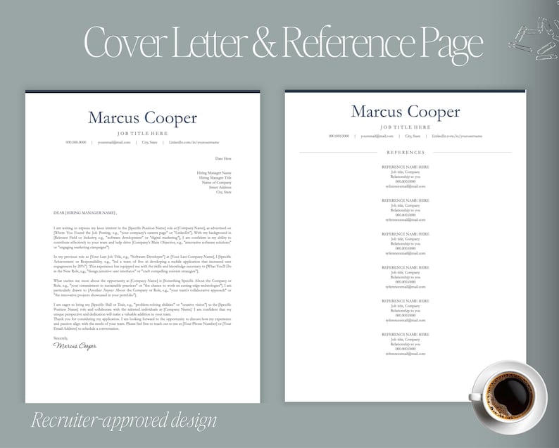 May include: A cover letter and reference page template featuring the name "Marcus Cooper". The design includes a coffee cup and the text "Recruiter-approved design".