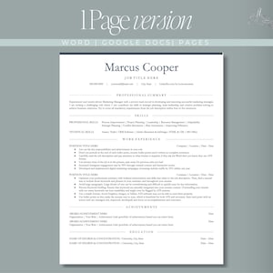 May include: A professional resume template, featuring the text "1Page version" at the top. The resume is for Marcus Cooper, with sections for professional summary, skills, work experience, achievements, and education. The design is clean and modern.