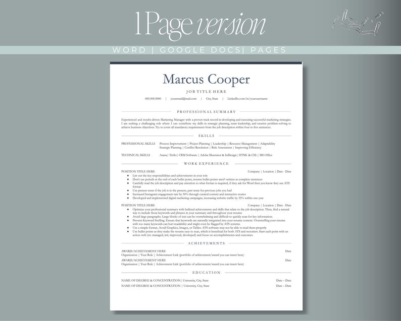 May include: A professional resume template, featuring the text "1Page version" at the top. The resume is for Marcus Cooper, with sections for professional summary, skills, work experience, achievements, and education. The design is clean and modern.