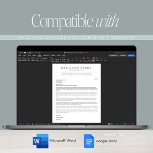 May include: A laptop screen displaying a professional resume template with the name Kathleen Stone at the top. The text Compatible with PC & MAC DEVICES | EDITABLE IN 2 FORMATS appears above, with Microsoft Word and Google Docs icons below.