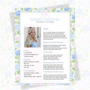 Puede incluir: Un documento tipo currículum vitae para Hailey Coleman, estudiante de primer año en la Universidad de Miami. El documento incluye su foto, información de contacto, educación, afiliaciones griegas y detalles sobre sus honores, logros, roles de liderazgo, actividades extracurriculares y participación comunitaria.