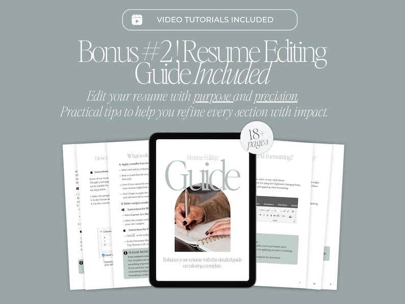 May include: A digital resume editing guide featuring 18+ pages of content, including video tutorials. The cover displays the text 'Resume Editing Guide' with an image of a person writing in a notebook. The document includes instructions for formatting.