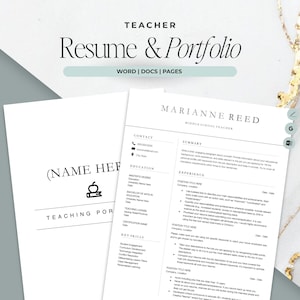 Pode incluir: Modelo de currículo e portfólio branco para professores. O texto inclui "Resume & Portfolio", "WORD | DOCS | PAGES" e "TEACHER". O currículo mostra o nome "MARIANNE REED" e "Middle School Teacher".