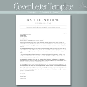 May include: A digital cover letter template document featuring a clean white layout with black text. The header displays the text Cover Letter Template, Word | Google Docs, and the name Kathleen Stone with a professional title and contact details.