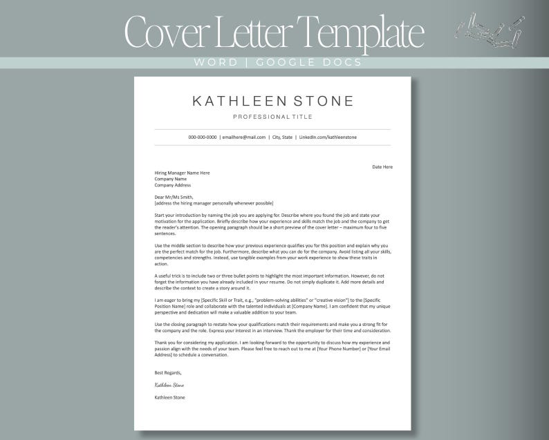May include: A digital cover letter template document featuring a clean white layout with black text. The header displays the text Cover Letter Template, Word | Google Docs, and the name Kathleen Stone with a professional title and contact details.