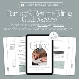 May include: A digital tablet showing a resume editing guide, with the text "Resume Editing Guide Included." The image also shows several pages of printed material and the text "Video Tutorials Included."