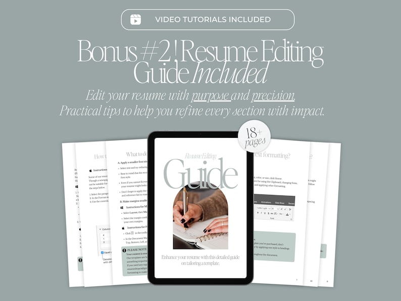 May include: A digital tablet showing a resume editing guide, with the text "Resume Editing Guide Included." The image also shows several pages of printed material and the text "Video Tutorials Included."