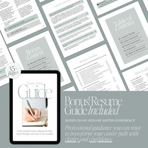 May include: A digital resume writing guide featuring a collection of document pages with a table of contents, checklists, and instructional text. The main cover displays the text Resume Writing Guide and Bonus! Resume Guide Included.