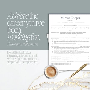 May include: A resume template with the name "Marcus Cooper" and the text "Achieve the career you've been working for." A cup of coffee and a gold pen are on the table. The resume includes sections for skills, work experience, and education.