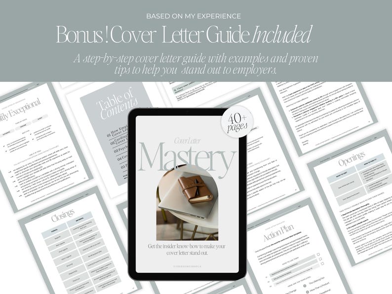 May include: A digital document titled Cover Letter Mastery displayed on a tablet screen, surrounded by multiple pages of a 40+ page guide. The text includes headings like Table of Contents, Openings, Closings, and Action Plan with grey accents.