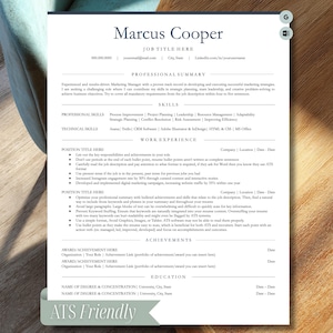 May include: A white resume template with the name "Marcus Cooper" at the top, featuring sections for professional summary, skills, work experience, and education. The text is black. The bottom of the page has the text "ATS Friendly".