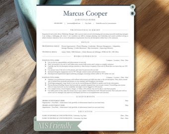 May include: A resume template with the name "Marcus Cooper" at the top. The document is white with black text and includes sections for professional summary, skills, work experience, and education. The bottom of the page has the text "ATS Friendly".