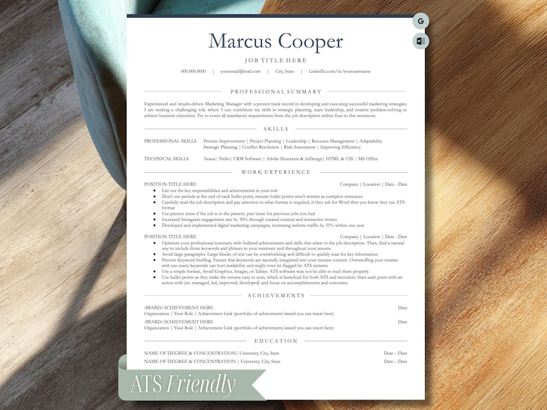 May include: A white resume template with the name "Marcus Cooper" at the top, featuring sections for professional summary, skills, work experience, and education. The text is black. The bottom of the page has the text "ATS Friendly".