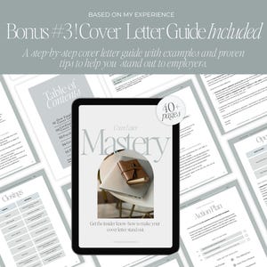 May include: A digital cover letter guide titled "Cover Letter Mastery" displayed on a tablet. The image includes several pages of the guide, with text such as "Table of Contents" and "Openings." The guide promises to help users stand out to employers.