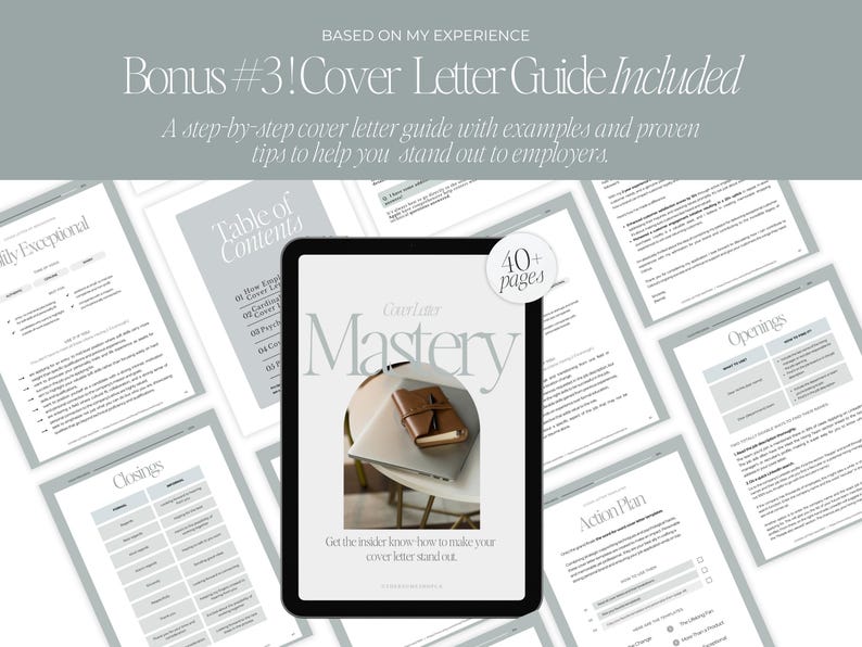 May include: A digital cover letter guide titled "Cover Letter Mastery" displayed on a tablet. The image includes several pages of the guide, with text such as "Table of Contents" and "Openings." The guide promises to help users stand out to employers.